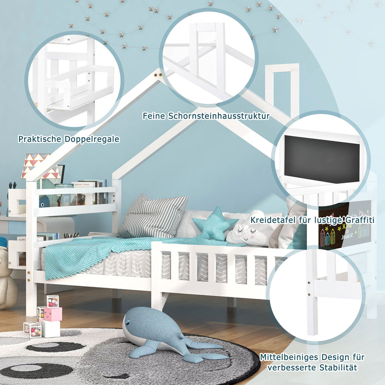Bett 90x200 mit Lattenrost und Schublade Kinder Bett Jugendbett MassivholzBett mit Kopfteil Einzelbett Bettgestell （Weiß）
