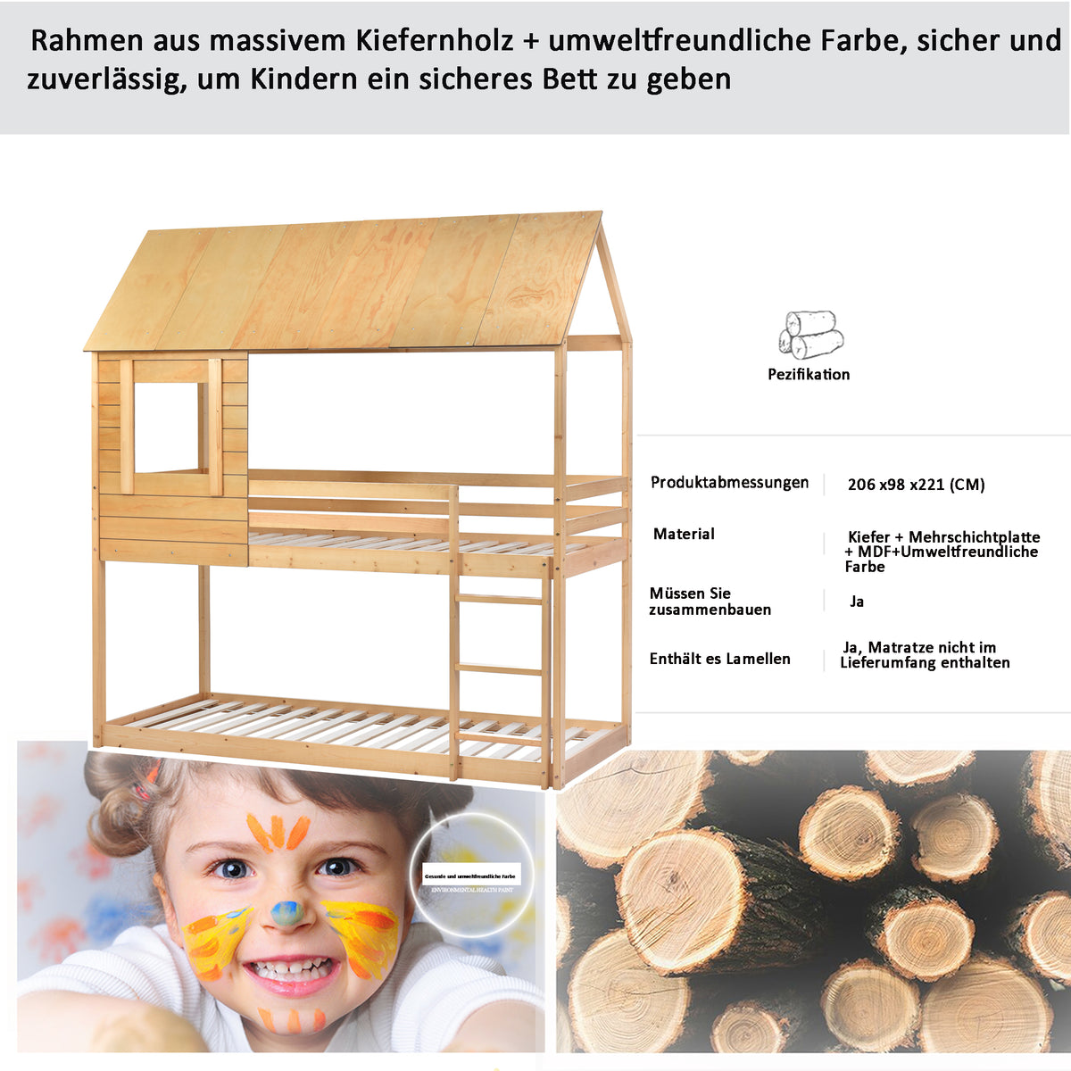 Kinderbett Holz Etagenbett 90 X 200 cm, Kinder hausbett mit Dach, Leiter und Lattenrost Eichenfarbe