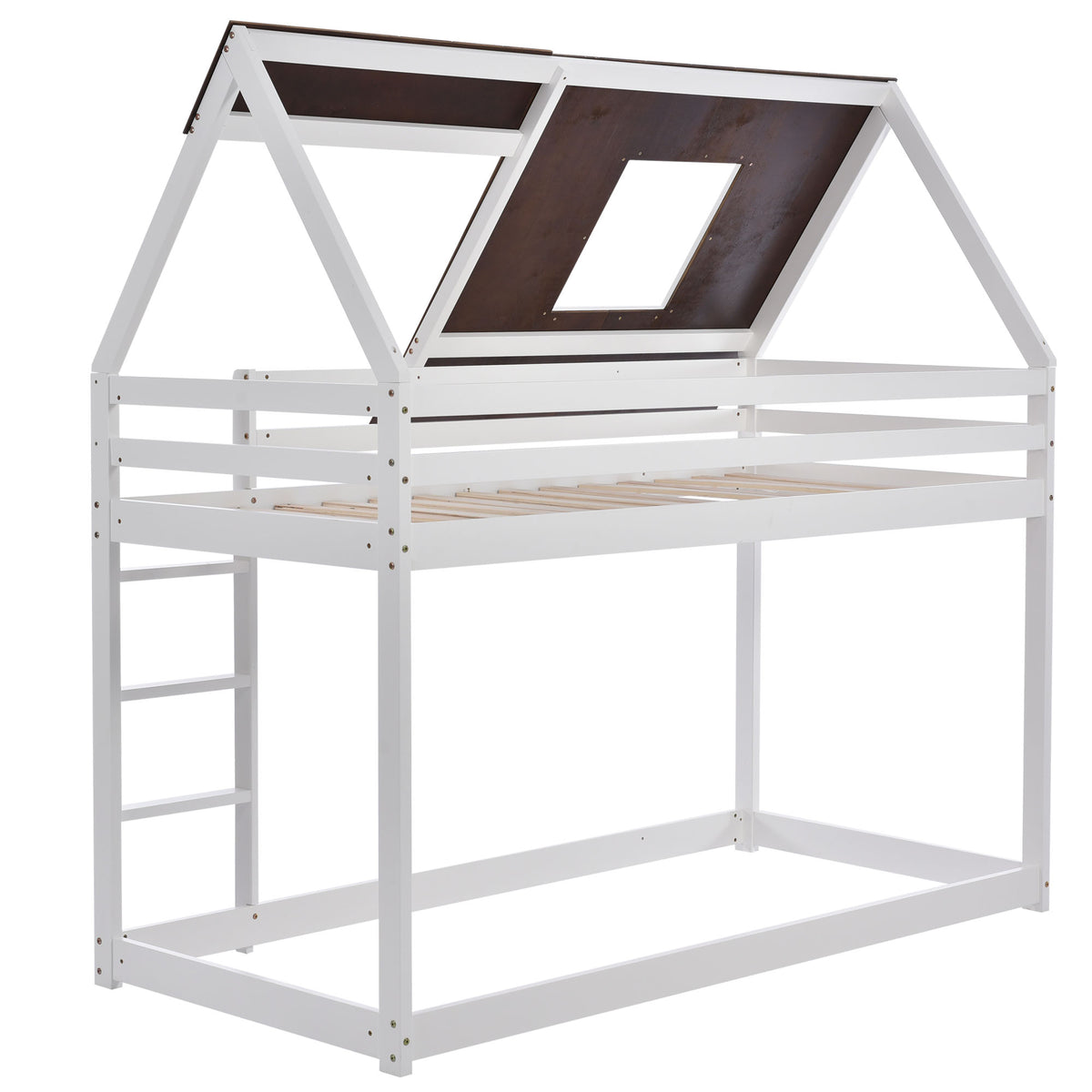 Hausbett, Etagenbett mit rechtwinkliger Leiter, Kinderbett, mit Fallschutz und Zäune, Rahmen aus Kiefernholz, braunes Dach, weißes Bett (200x90cm)