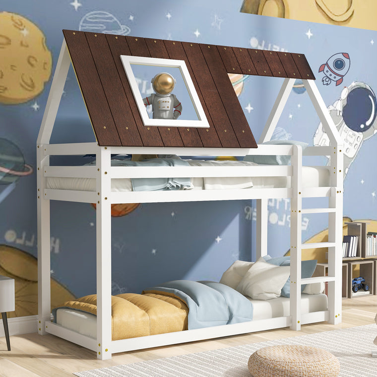 Hausbett, Etagenbett mit rechtwinkliger Leiter, Kinderbett, mit Fallschutz und Zäune, Rahmen aus Kiefernholz, braunes Dach, weißes Bett (200x90cm)