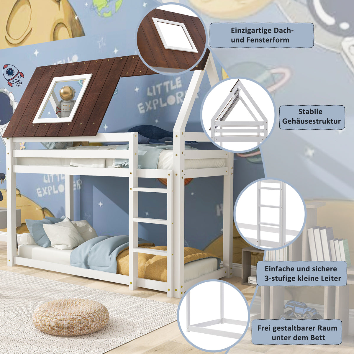 Hausbett, Etagenbett mit rechtwinkliger Leiter, Kinderbett, mit Fallschutz und Zäune, Rahmen aus Kiefernholz, braunes Dach, weißes Bett (200x90cm)