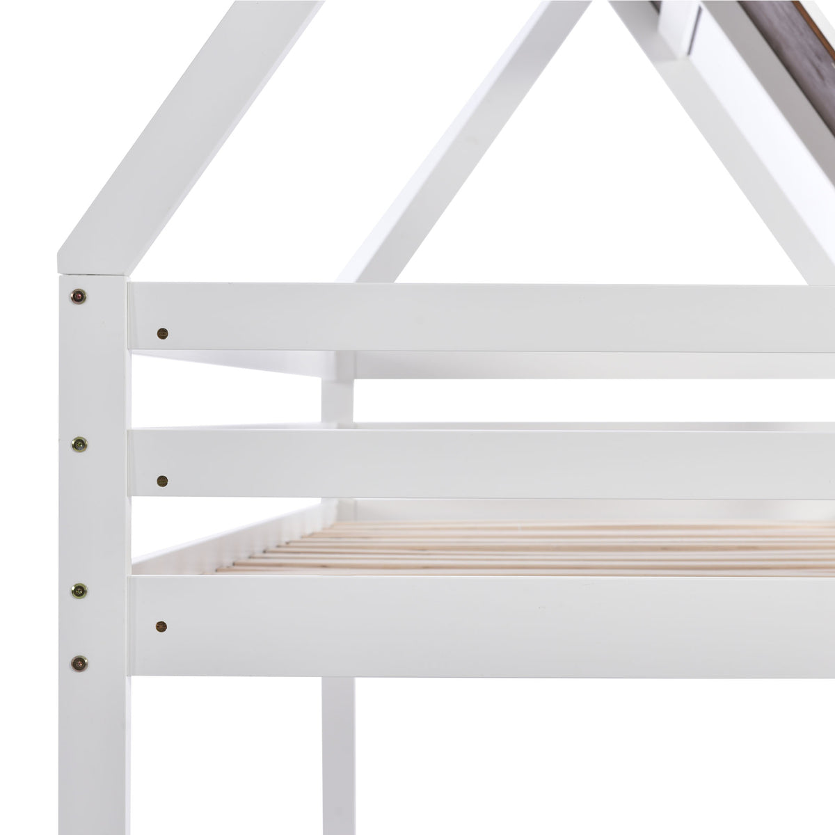 Hausbett, Etagenbett mit rechtwinkliger Leiter, Kinderbett, mit Fallschutz und Zäune, Rahmen aus Kiefernholz, braunes Dach, weißes Bett (200x90cm)