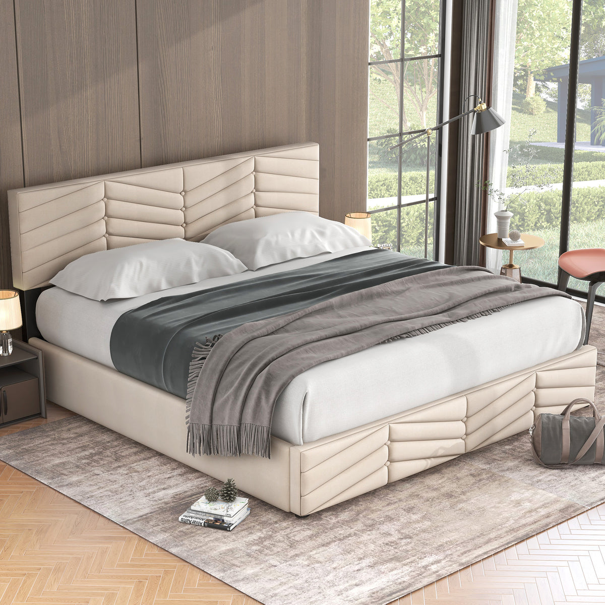 Polsterbett,Doppelbett,hydraulisches Funktionsbett,Samt,Streifen-Stil,Continentalbett,höhenverstellbares Kopfteil,180 x 200,Beige