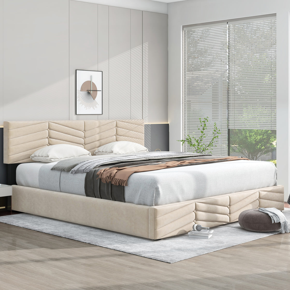 Polsterbett,Doppelbett,hydraulisches Funktionsbett,Samt,Streifen-Stil,Continentalbett,höhenverstellbares Kopfteil,180 x 200,Beige