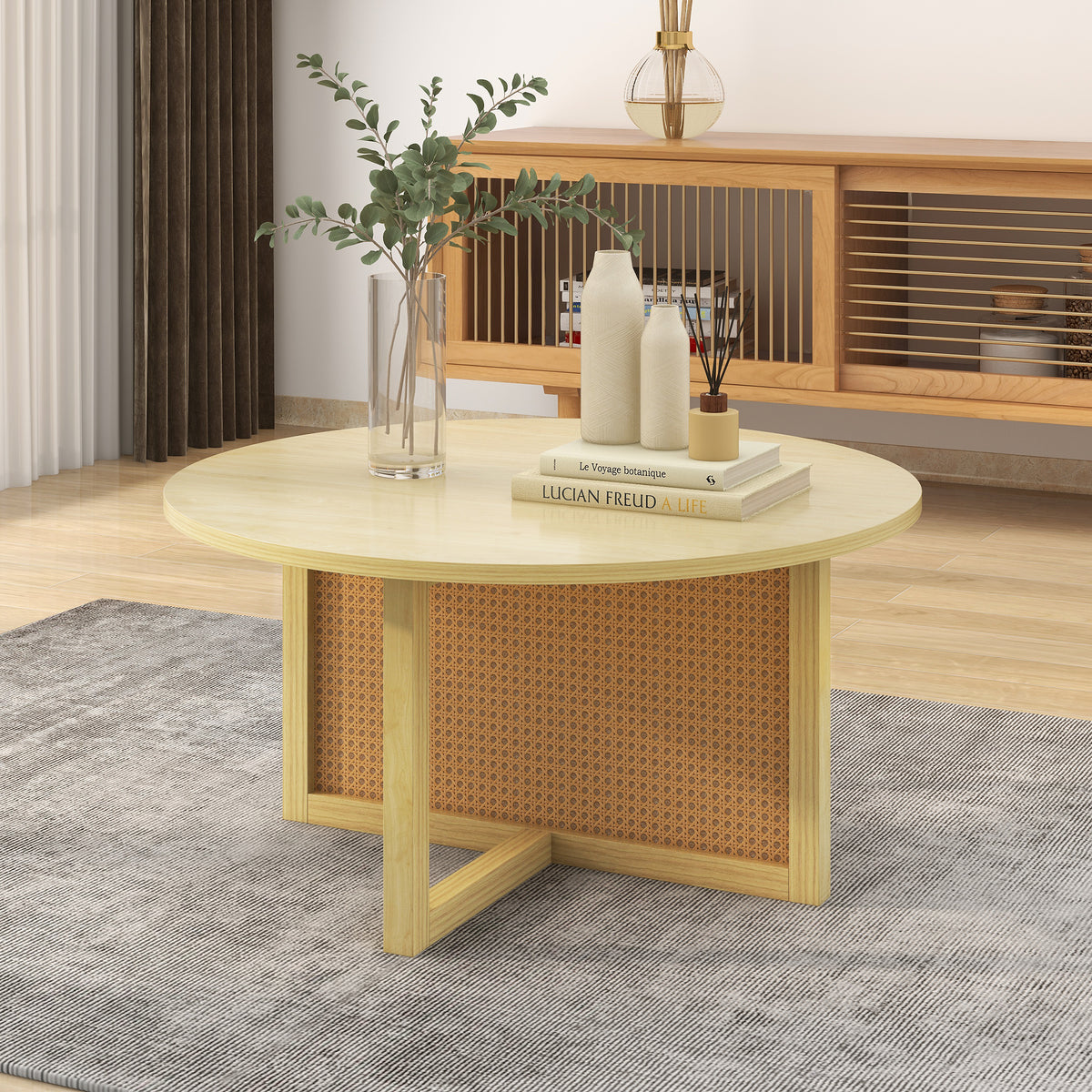 Couchtisch rund, Mit Rattan Einsatz, Durchmesser cm, Durchmesser 80