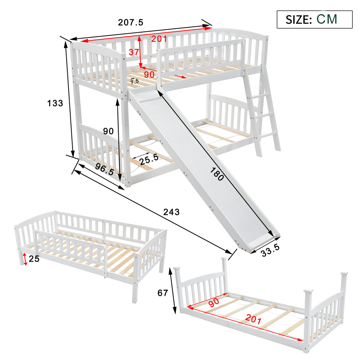Etagenbett Kinderbett 90 x 200 cm mit Rutsche und Lattenrost, Weiß