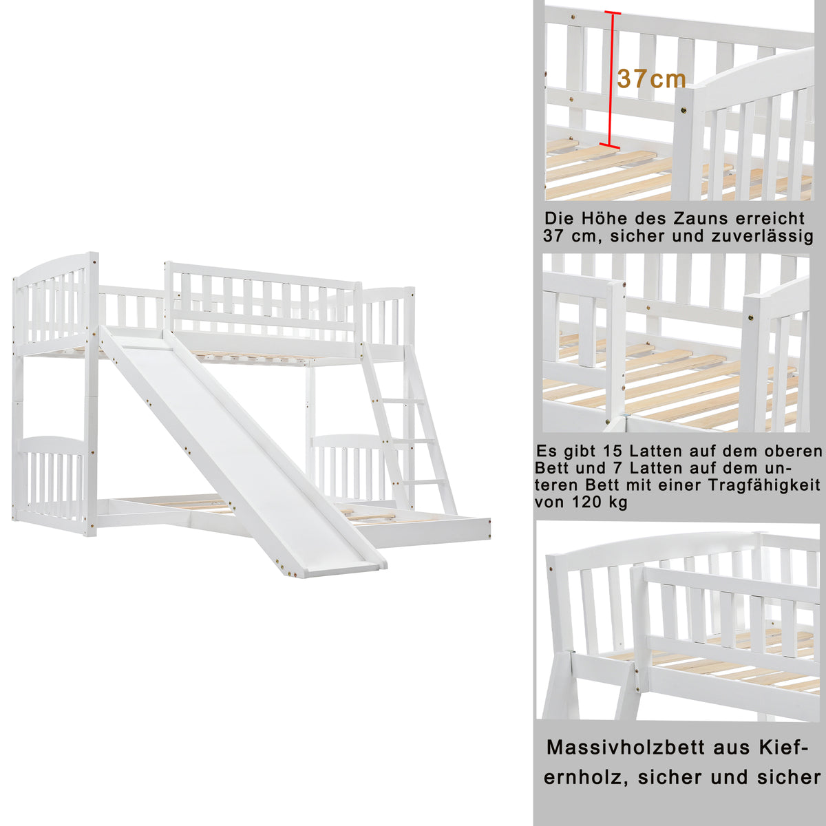 Etagenbett Kinderbett 90 x 200 cm mit Rutsche und Lattenrost, Weiß