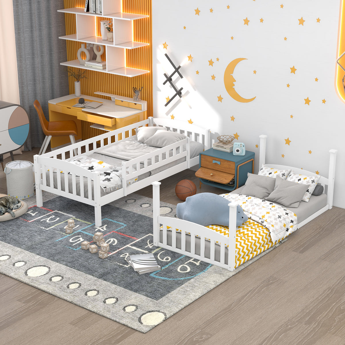 Etagenbett Kinderbett 90 x 200 cm mit Rutsche und Lattenrost, Weiß