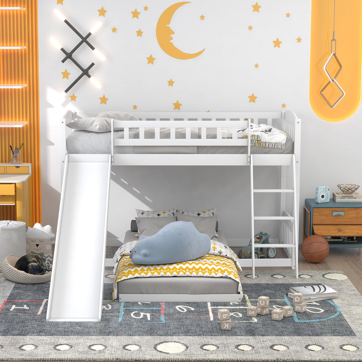 Etagenbett Kinderbett 90 x 200 cm mit Rutsche und Lattenrost, Weiß