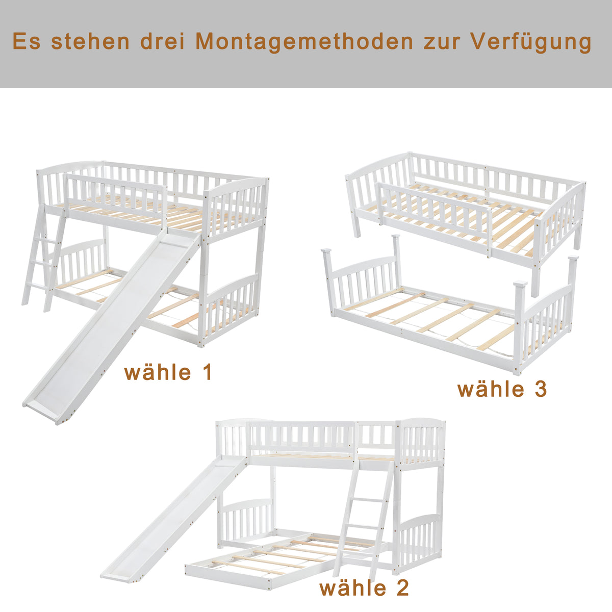 Etagenbett Kinderbett 90 x 200 cm mit Rutsche und Lattenrost, Weiß