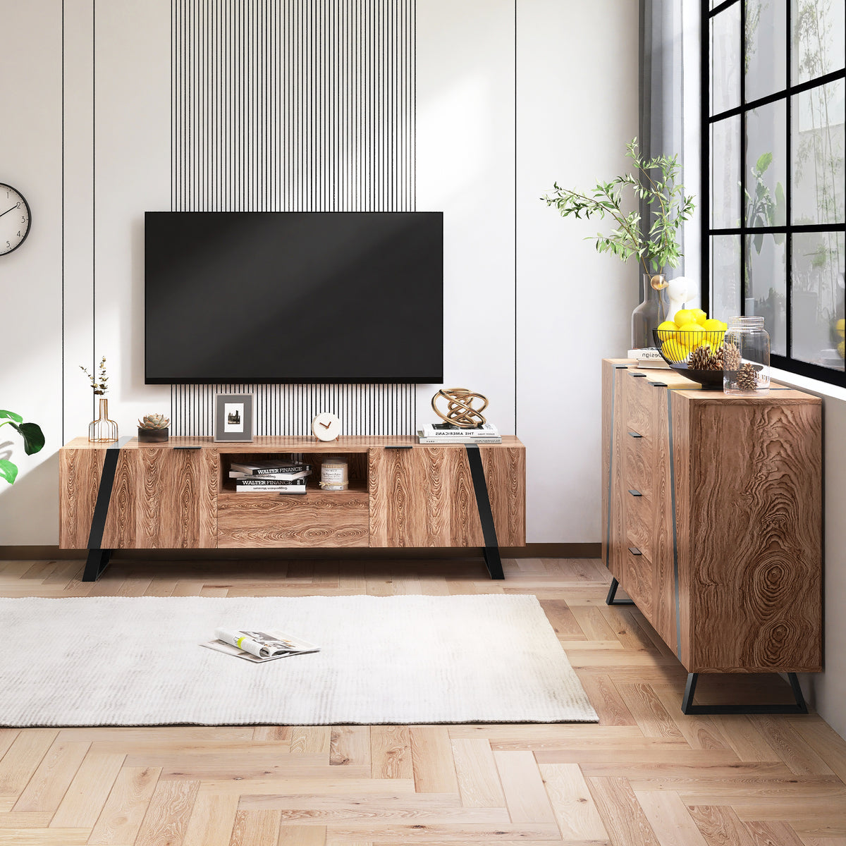 Sideboard mit Holzmuster, Spanplatte Oberfläche Schwarzer Siebdruck, mit 2 Türen 4 Schubladen 6 Griffen, Moderne Kommode Beistellschrank Wohnzimmer Schlafzimmer, 160*35*85cm