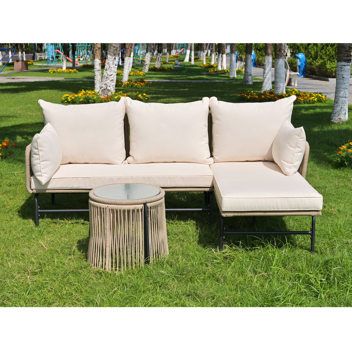 Gartenmöbel-Set mit gewebtem Seil und Tisch, Beige
