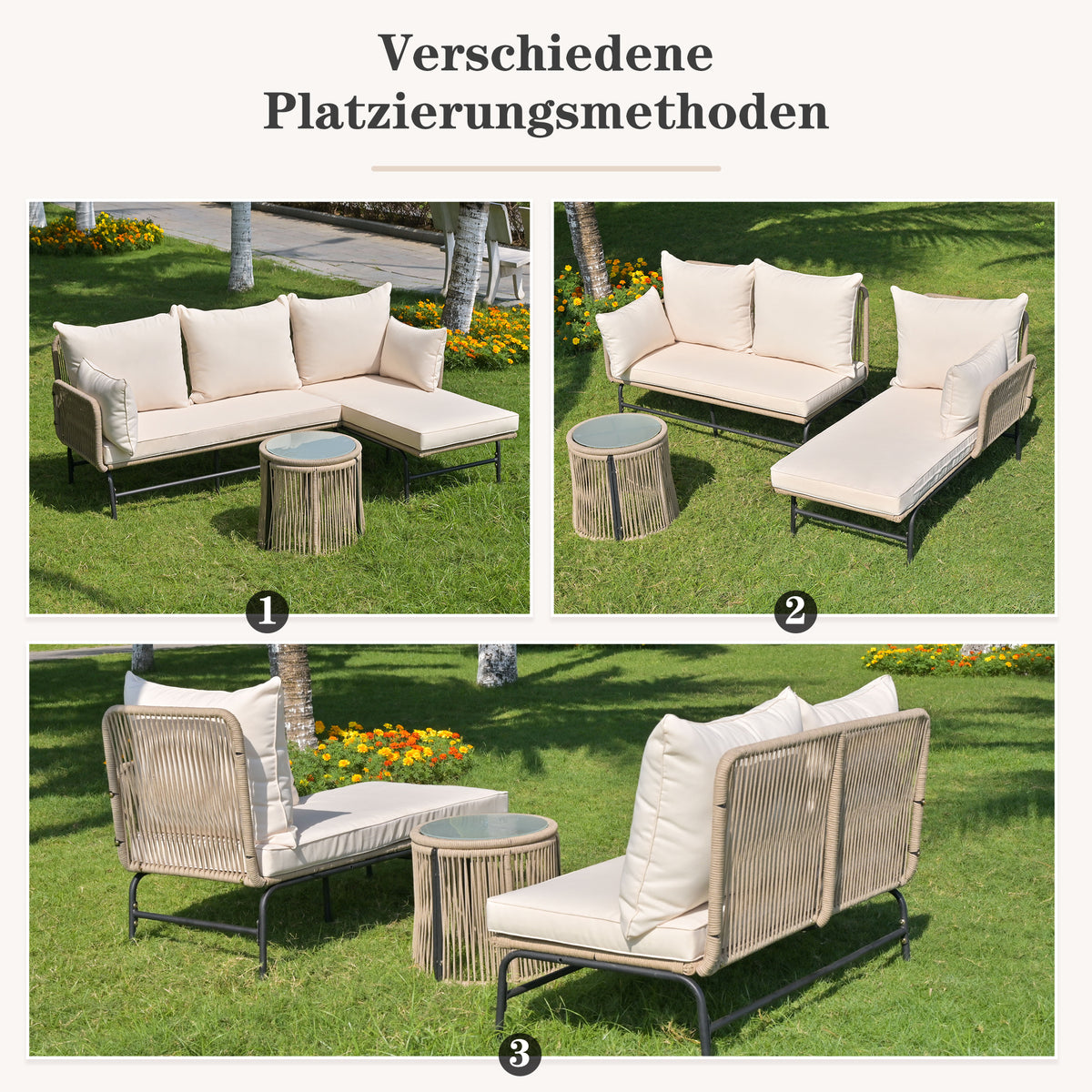 Gartenmöbel-Set mit gewebtem Seil und Tisch, Beige