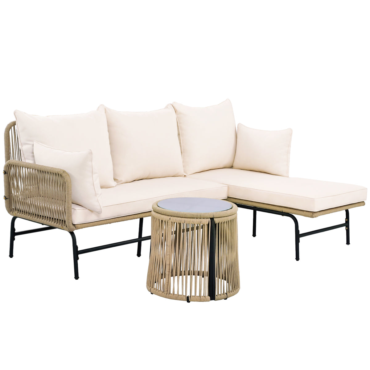 Gartenmöbel-Set mit gewebtem Seil und Tisch, Beige