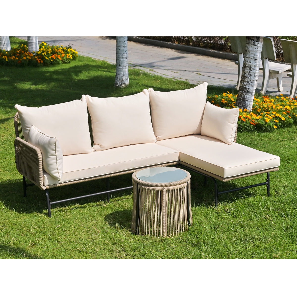 Gartenmöbel-Set mit gewebtem Seil und Tisch, Beige
