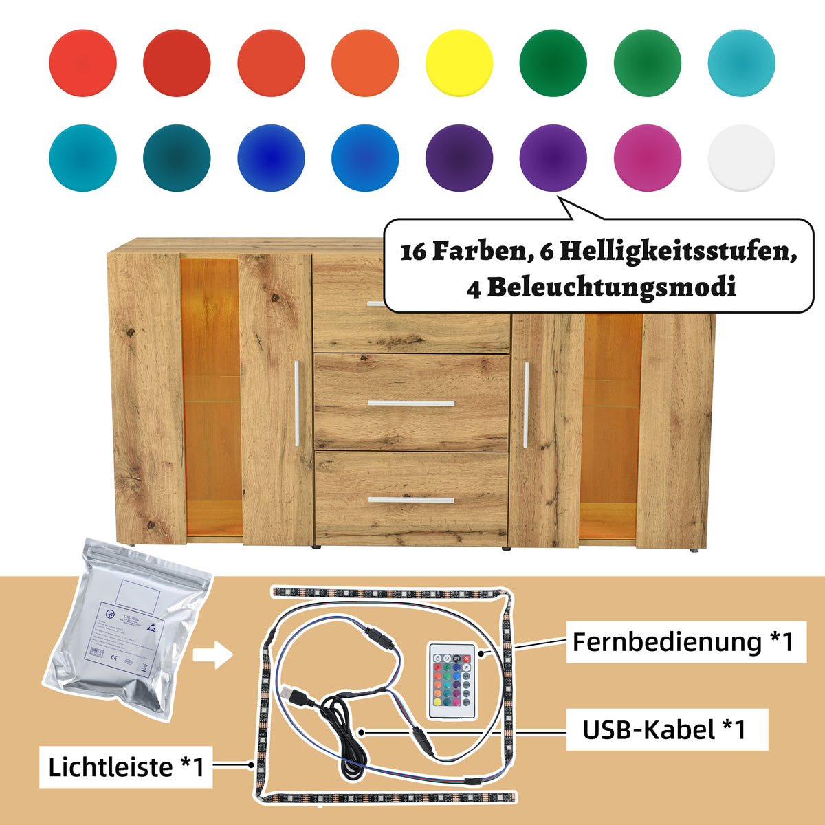 Sideboard Kommode Anrichte Standschrank Lagerung Schrank Schrank Einheit TV-Schrank,Lowboard, mit 16 Farben LED-Leuchten für Esszimmer Wohnzimmer，140*35*70cm