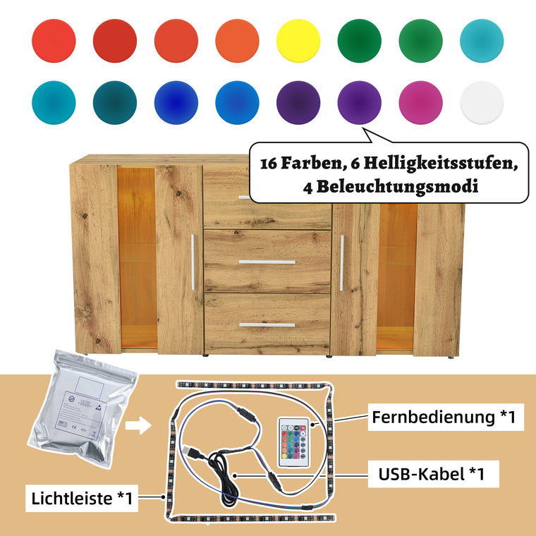 Sideboard Kommode Anrichte Standschrank Lagerung Schrank Schrank Einheit TV-Schrank,Lowboard, mit 16 Farben LED-Leuchten für Esszimmer Wohnzimmer，140*35*70cm