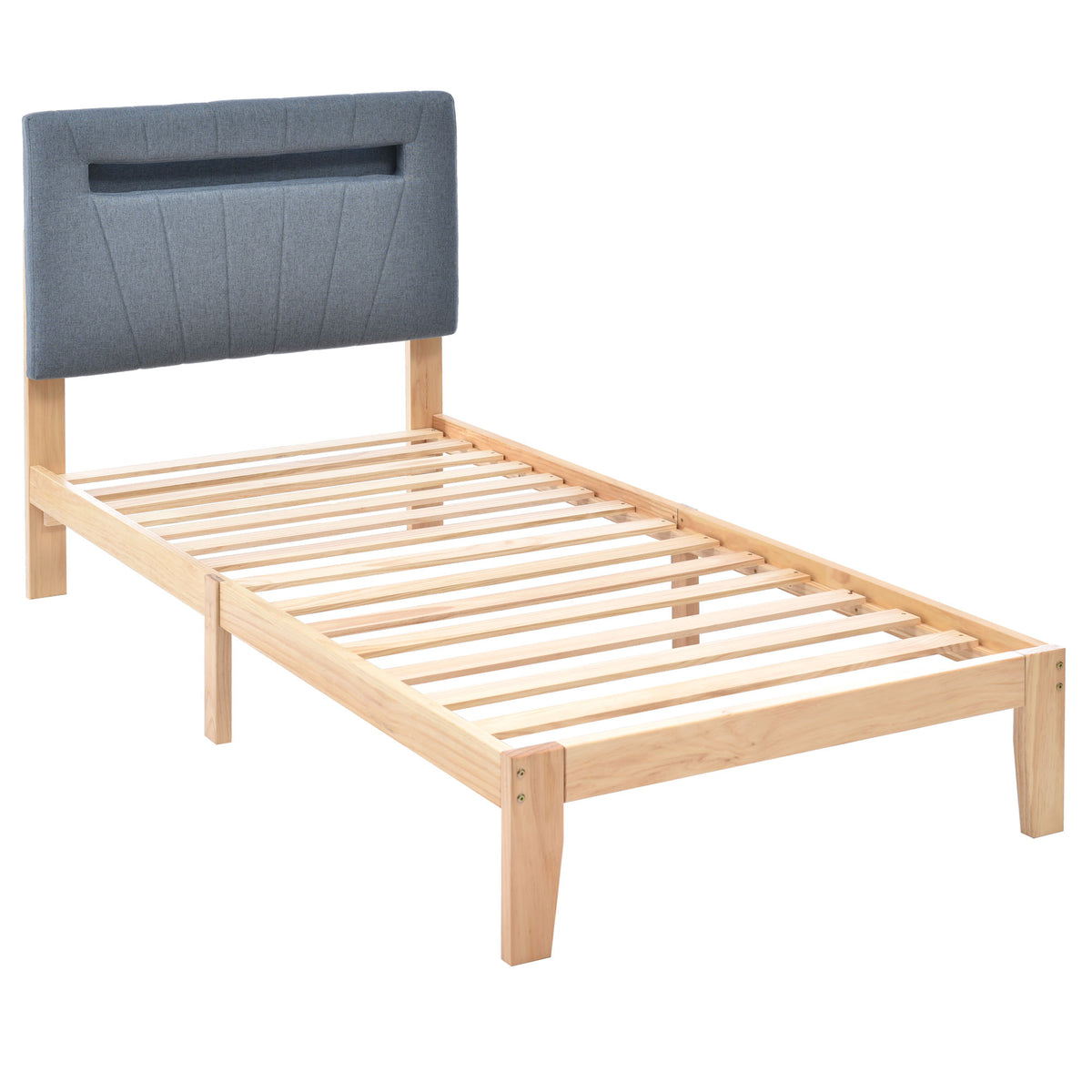 Holzbett, Einzelbett, Polster Kopfteil mit LED-Lichtleiste in 7 Farben, Jugendbett, Erwachsenenbett, Rahmen aus Kiefer, Natur (90x200cm)